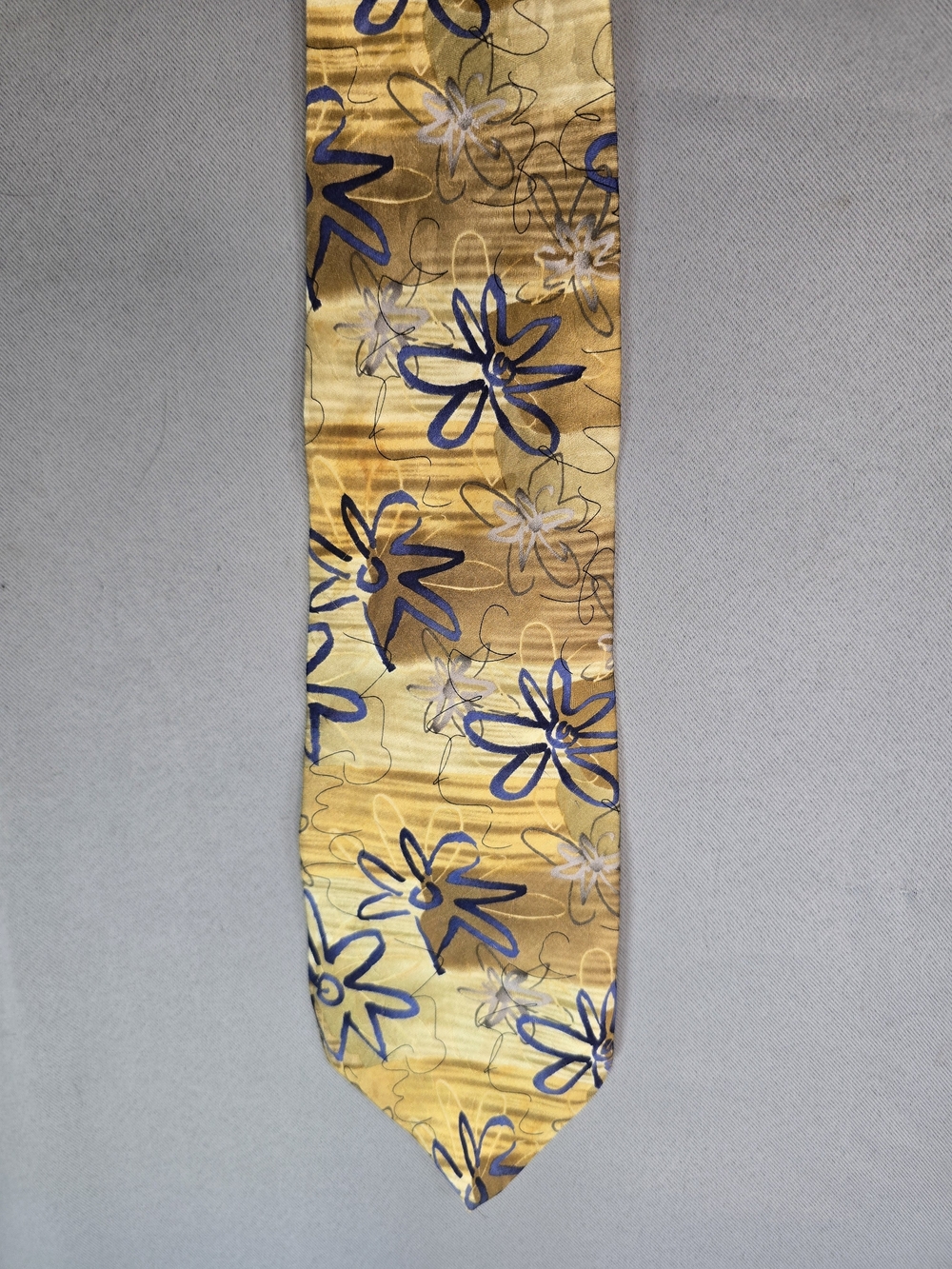 J. Garcia Banyan Trees 1996 Silk Yellow Floral Pattern Necktie with Blue Accents